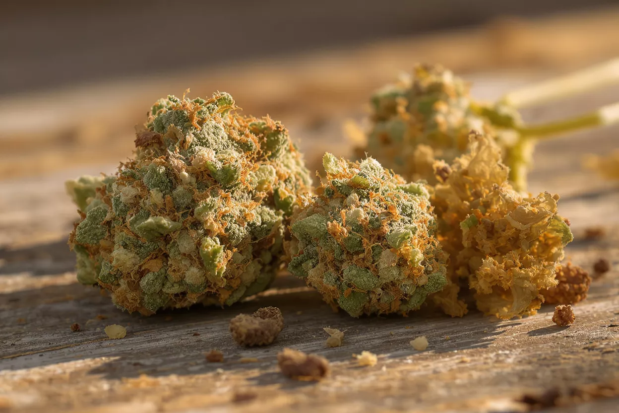 Two vibrant cannabis buds with orange hairs and trichomes on a rustic wooden surface.