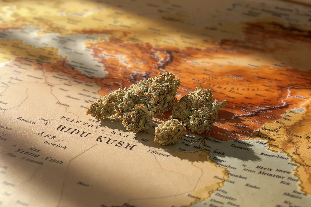 Cannabis buds on a vintage map, highlighting the "Hidu Kush" region.