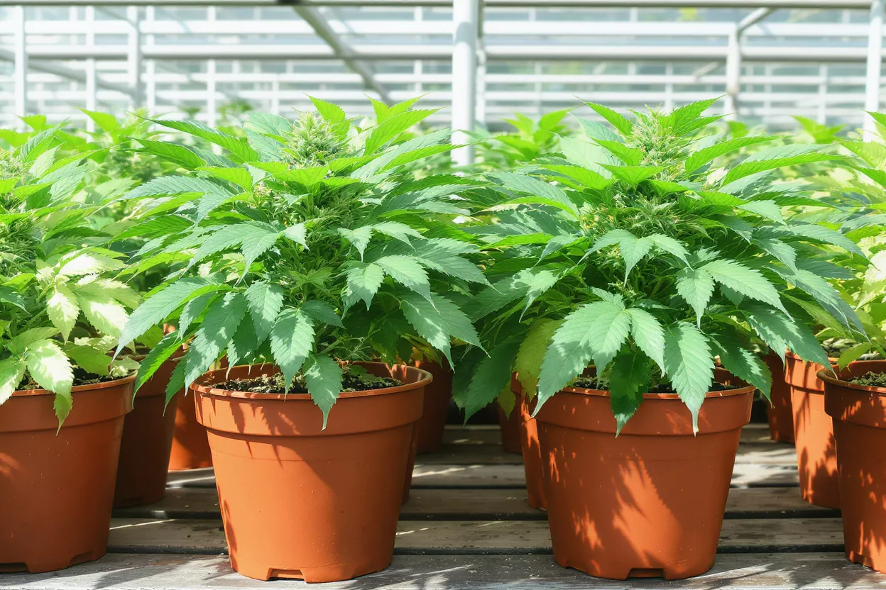 Several potted cannabis plants with vibrant green leaves growing in a greenhouse.