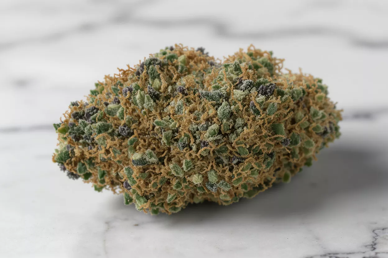 Close-up of a cannabis bud with green, orange, and purple hues on a marble surface.