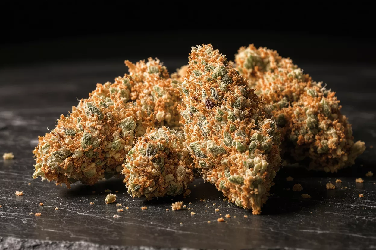 Close-up of several cannabis buds heavily coated in golden kief on a dark surface.