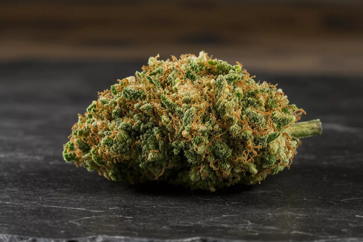 Close-up of a vibrant green cannabis bud with orange hairs on a dark surface.