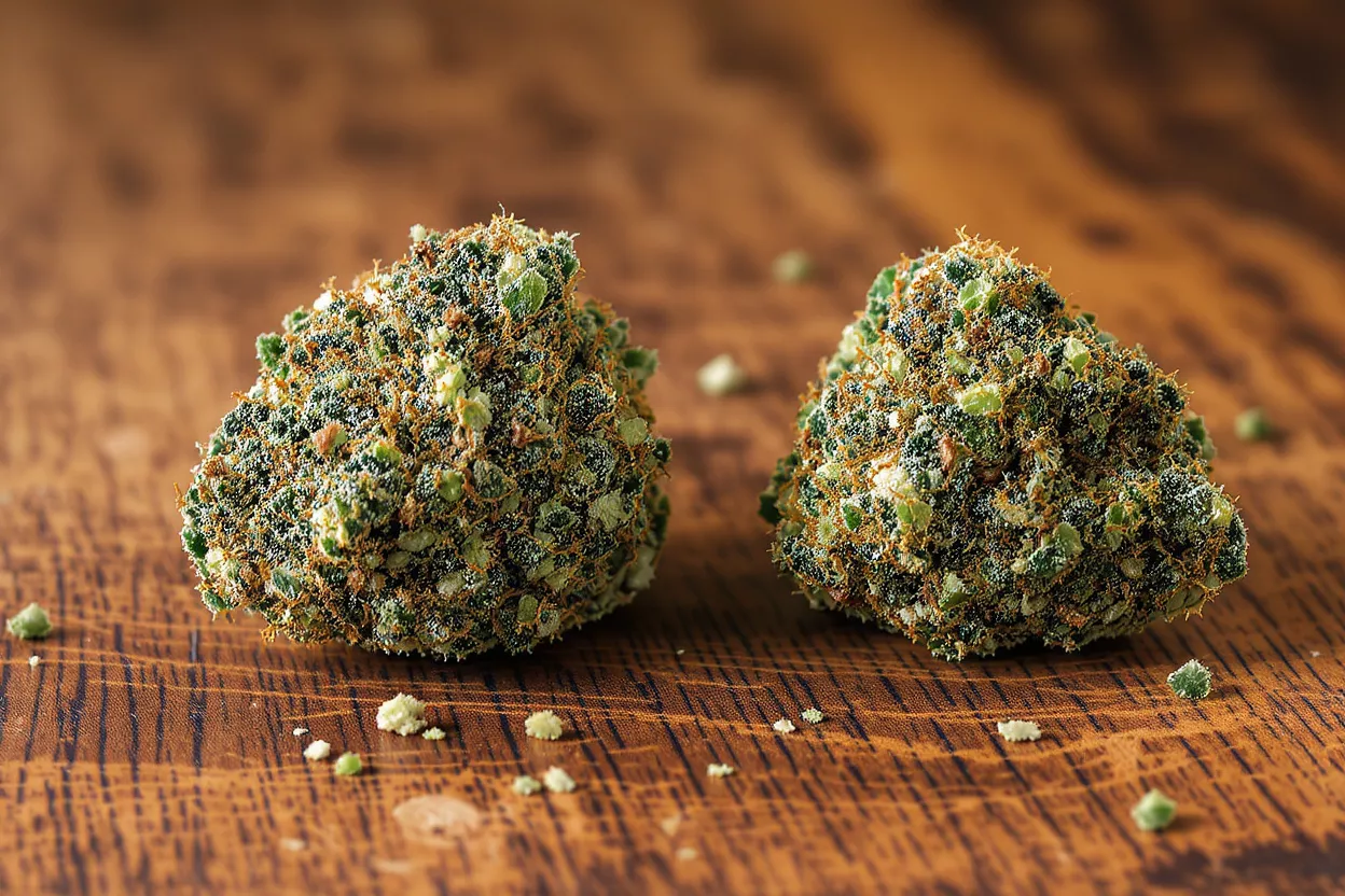 Two kief-covered cannabis buds on a wooden surface with scattered kief.