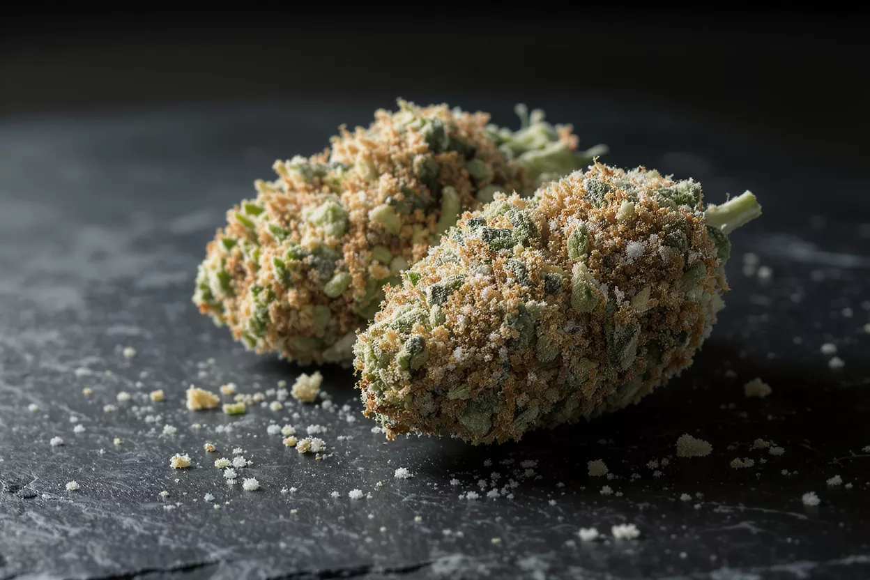 Primer plano de dos cogollos de cannabis fuertemente cubiertos de kief y tricomas sobre una superficie oscura.