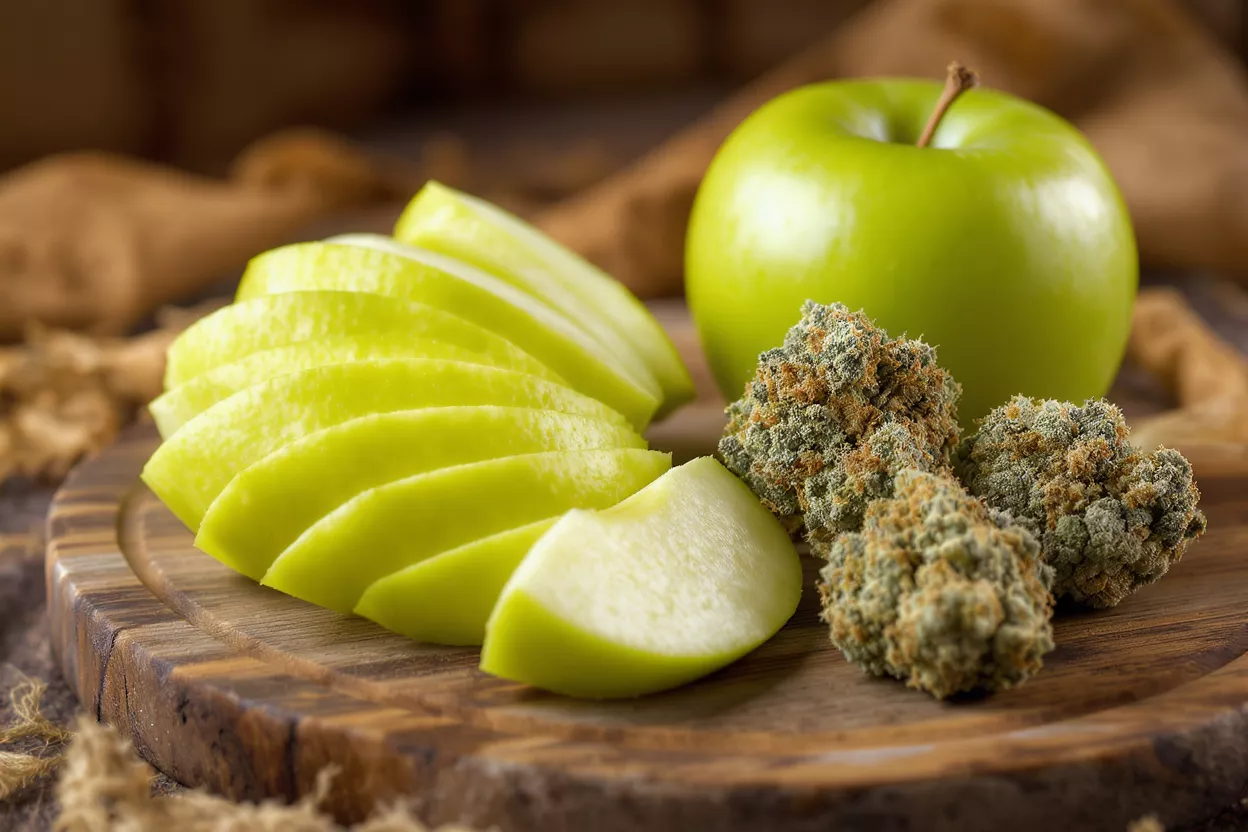 Three cannabis buds next to a whole green apple and apple slices on a wooden board.