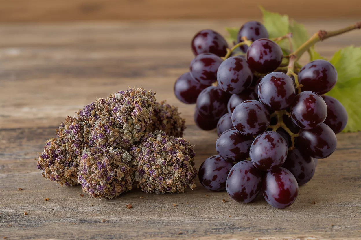 Purple cannabis buds and a bunch of dark grapes on a rustic wooden table.