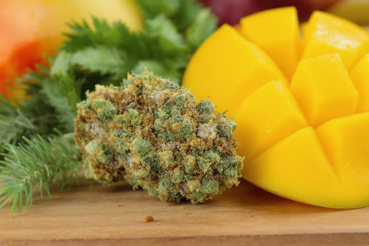 Brote de cannabis con mango Primer plano de un brote de cannabis junto a un mango en rodajas sobre una tabla de madera.