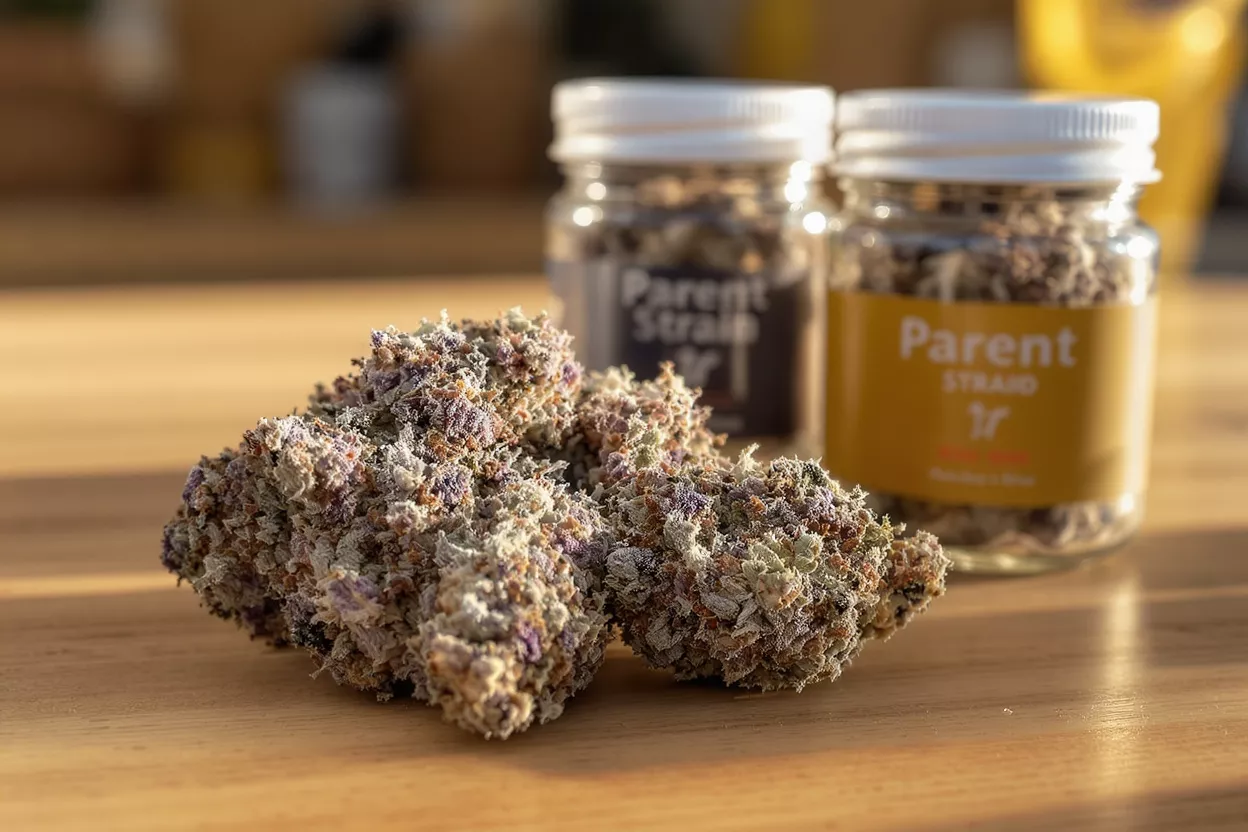 Close-up of purple and green cannabis buds with two 'Parent Strain' jars in the background.