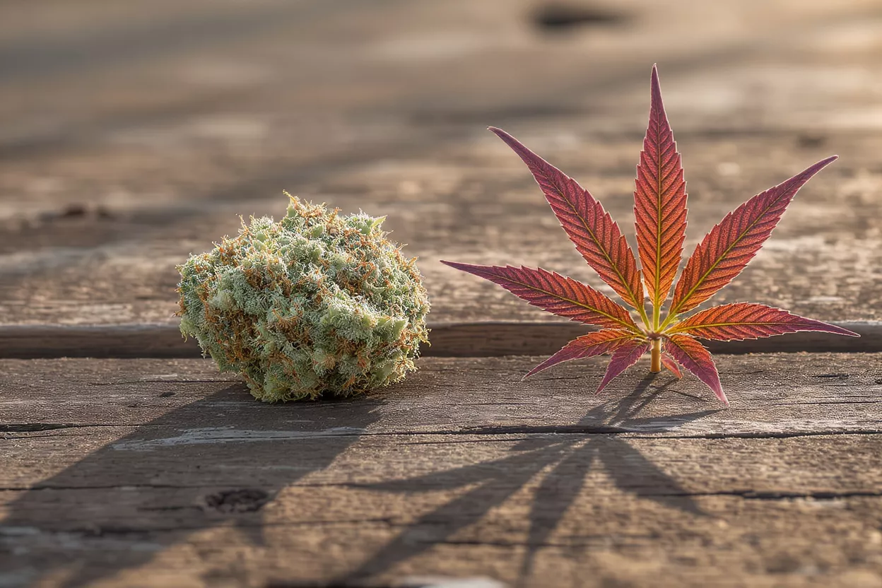 A cannabis bud and a reddish-orange cannabis leaf on a rustic wooden surface.