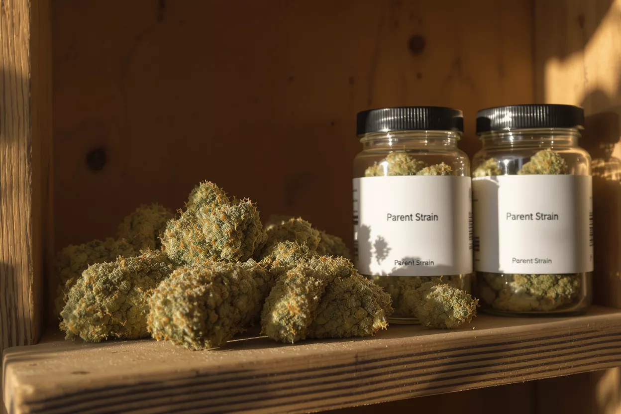 Close-up of cannabis buds and two jars labeled "Parent Strain" on a wooden shelf.