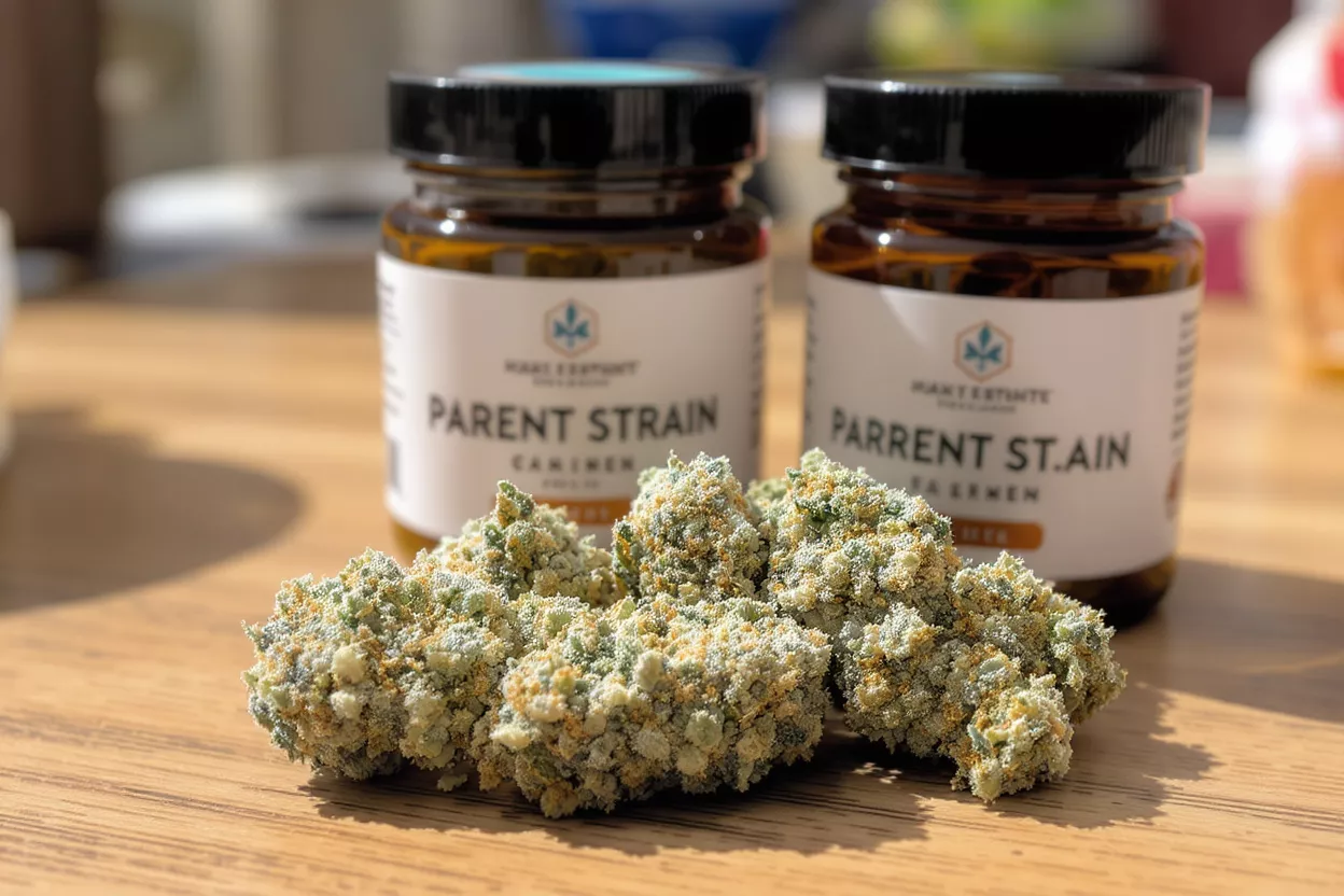 Bourgeons de Cannabis Souche Parentale Gros plan de bourgeons de cannabis avec deux pots 'Souche Parentale' en arrière-plan.
