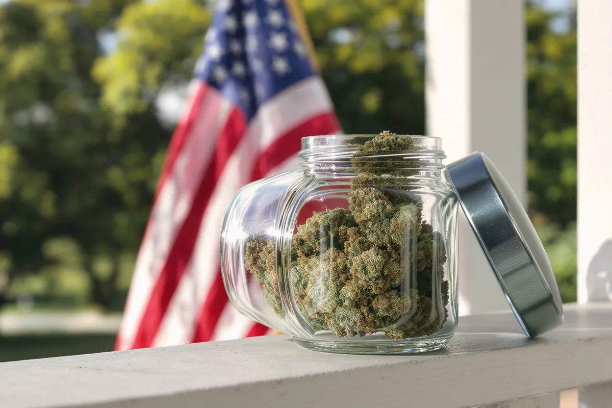 Glass jar filled with cannabis buds, American flag in blurred background.