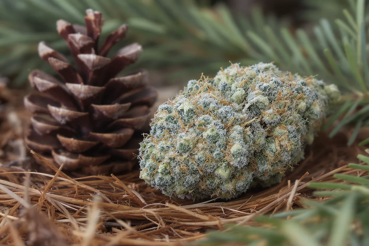 Primer plan de un cogollo de cannabis escarchado junto a una piña sobre paja.