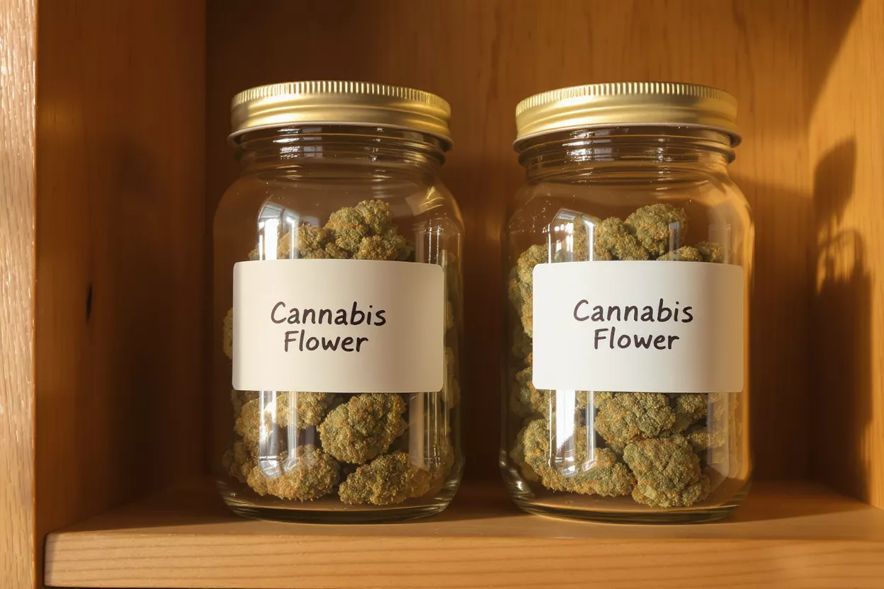 Two glass jars labeled "Cannabis Flower" filled with dried cannabis buds on a wooden shelf.
