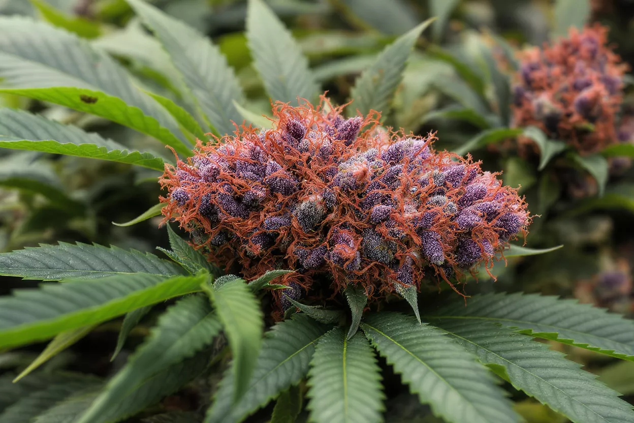 Close-up of a purple cannabis bud with prominent red-orange hairs and green leaves.