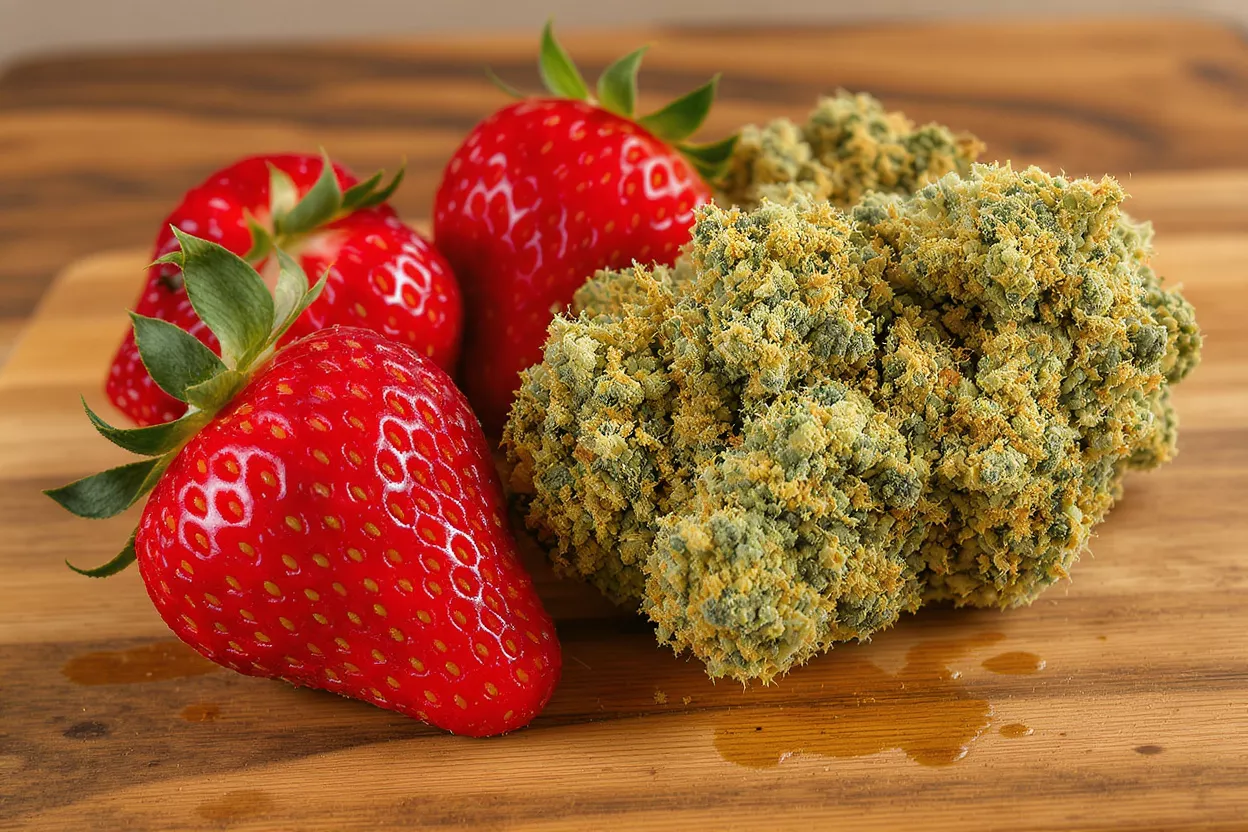Three red strawberries and a large cannabis bud on a wooden surface.