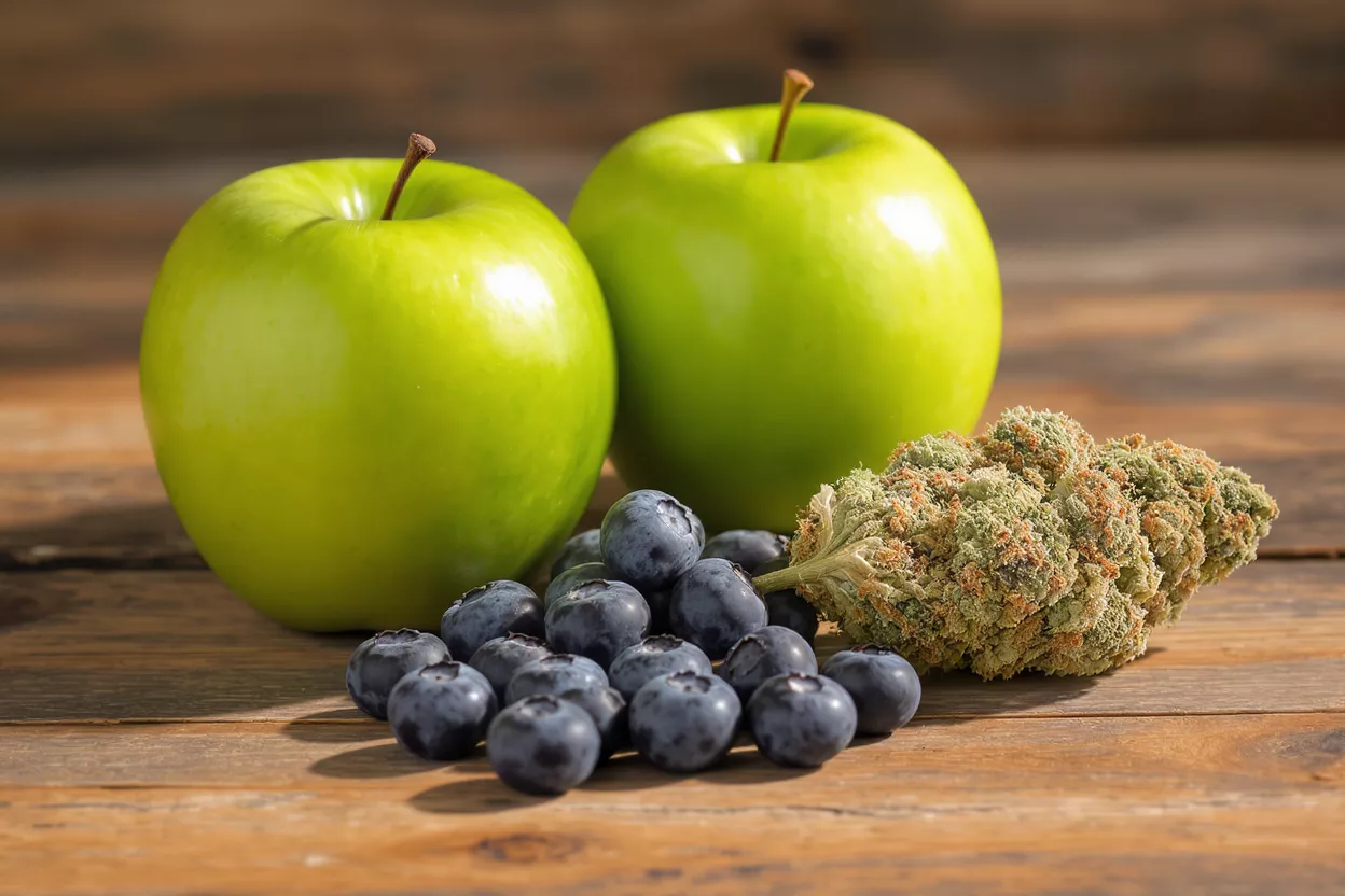 Dos manzanas verdes, arándanos y una flor de cannabis sobre una superficie de madera.