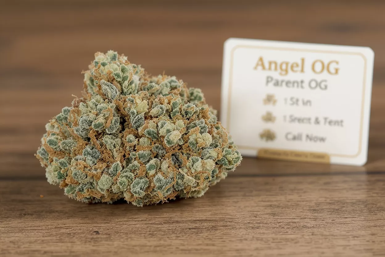Close-up of a dense, frosty Angel OG cannabis bud with a product label.
