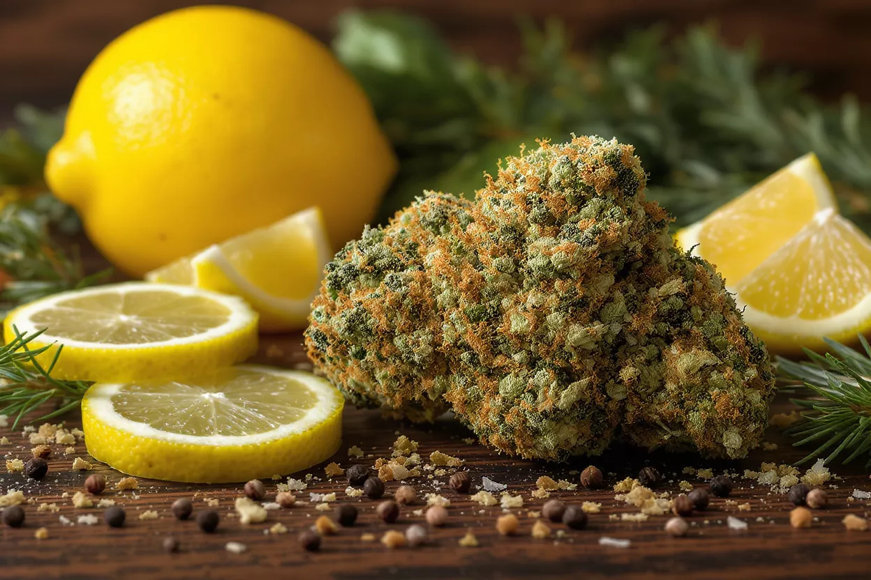 Profil d'arômes citron et herbes Bourgeon de cannabis avec des citrons, des tranches de citron et des herbes sur une surface en bois.