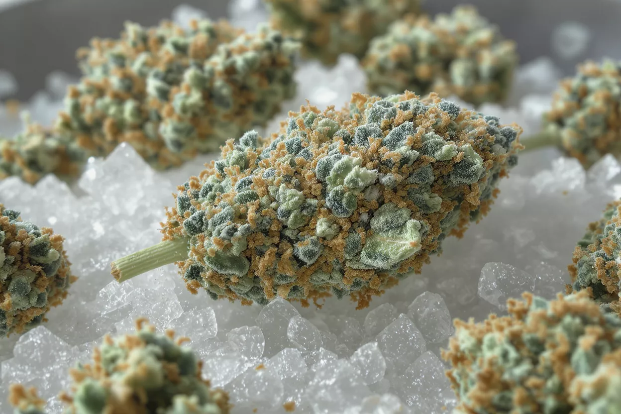 Close-up of cannabis nugs with frosty green and orange trichomes on ice.