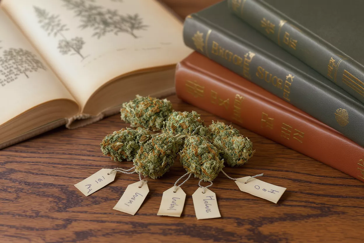 Several cannabis buds with tags on a wooden table next to open and stacked books.