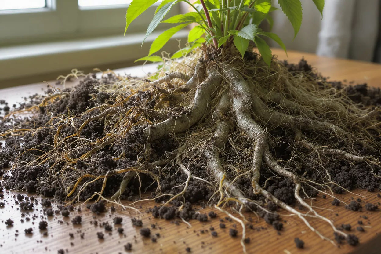 Close-up of a plant with its intricate root system exposed from the soil.