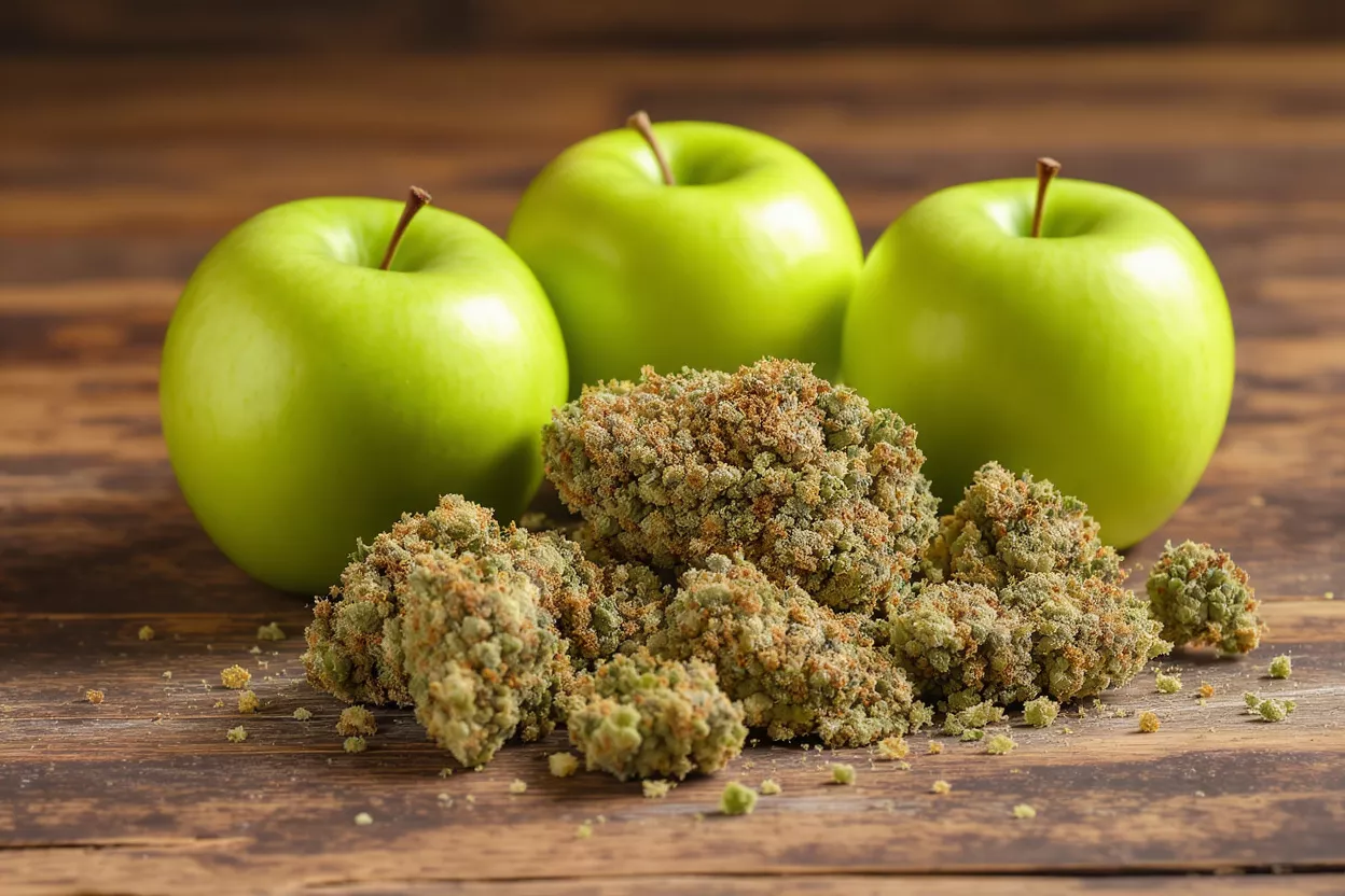 Three vibrant green apples behind a pile of cannabis buds on a wooden surface.