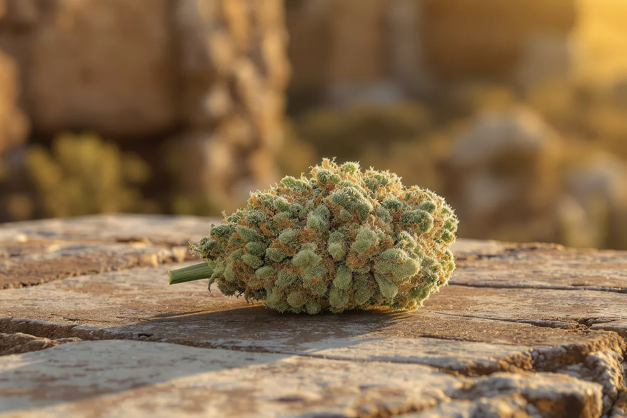 Cogollo de cannabis a la luz del sol Primer plano de un cogollo de cannabis con tricomas sobre una superficie de piedra desgastada.