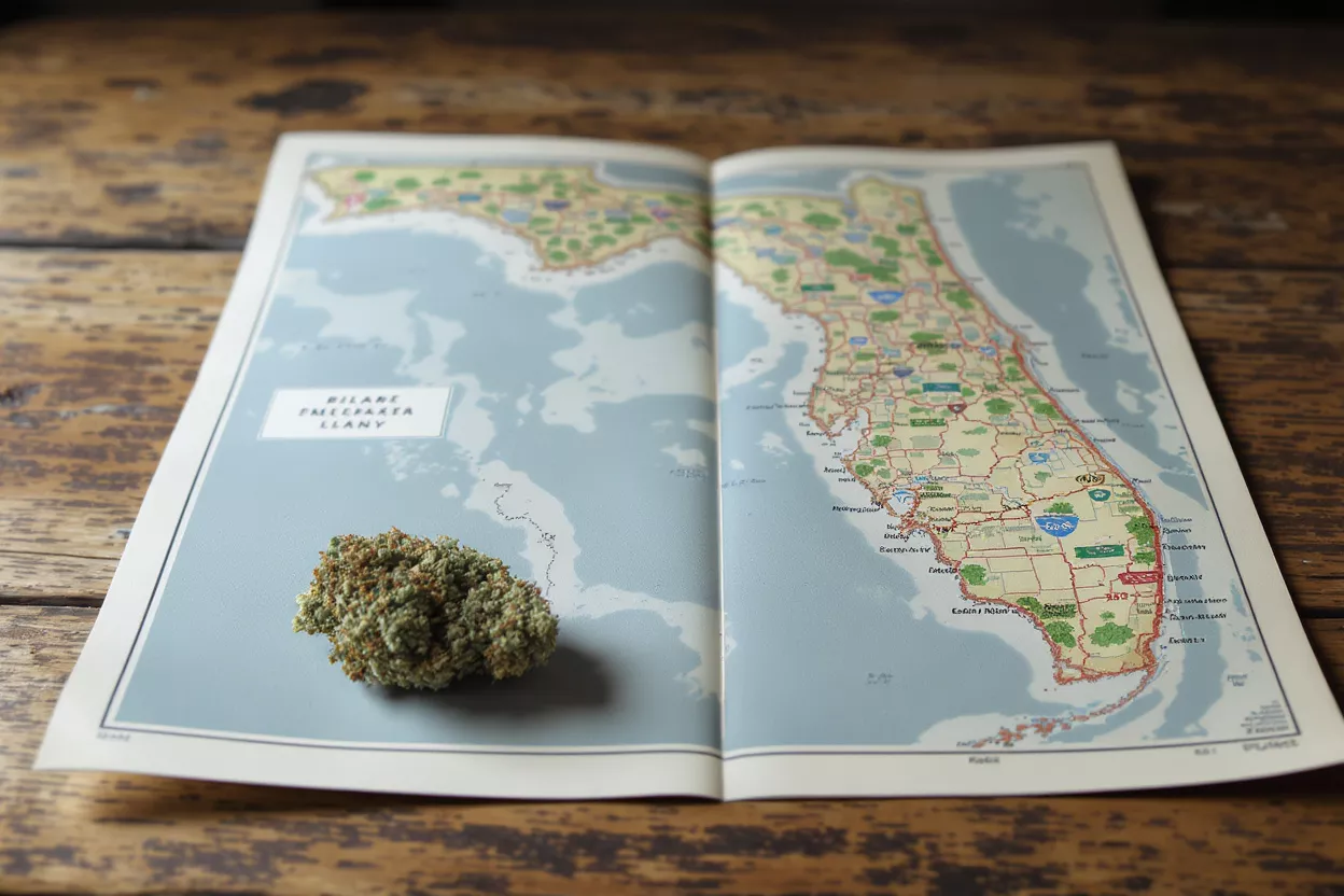 Un bourgeon de cannabis repose sur une carte ouverte de la Floride, sur une surface en bois.
