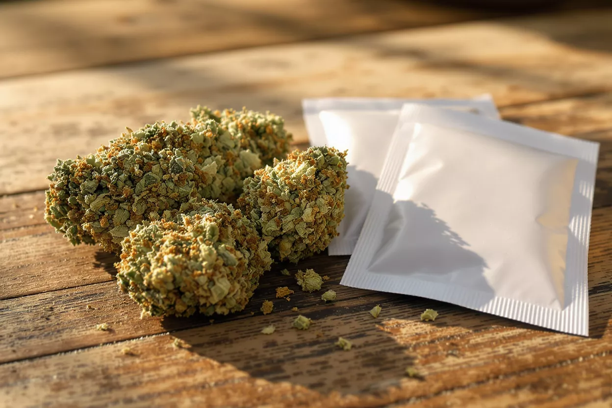 Three cannabis buds and two white humidity control packs on a rustic wooden table.