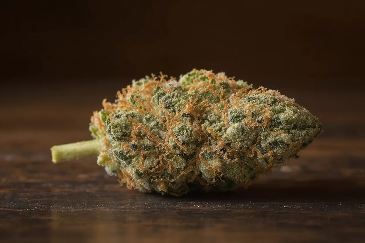 Close-up of a cannabis bud with orange hairs and trichomes on a wooden surface.