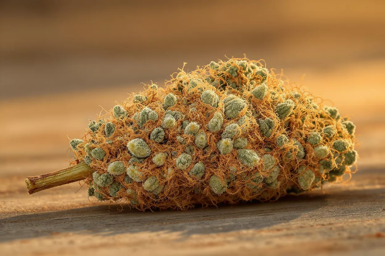 Close-up of a cannabis bud with orange hairs and frosty trichomes on wood.