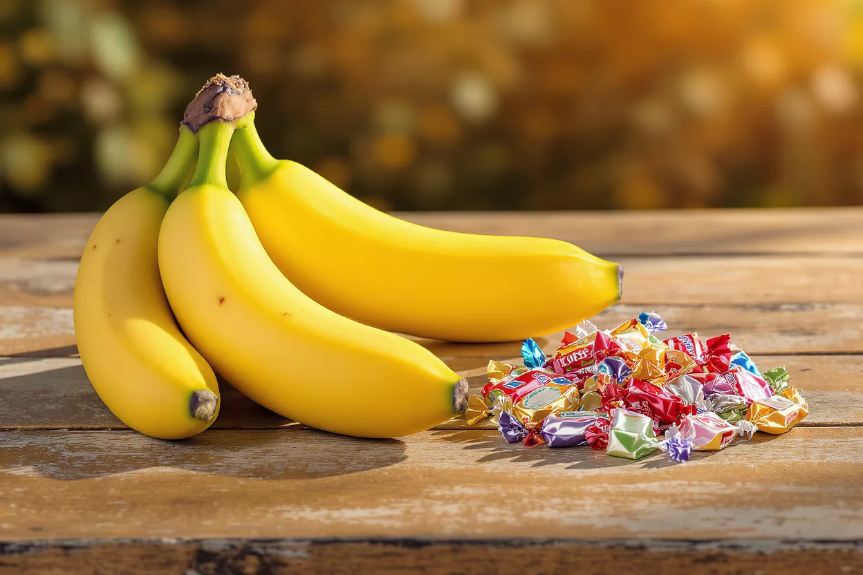 Three ripe yellow bananas and a pile of colorful wrapped candies on a wooden table.