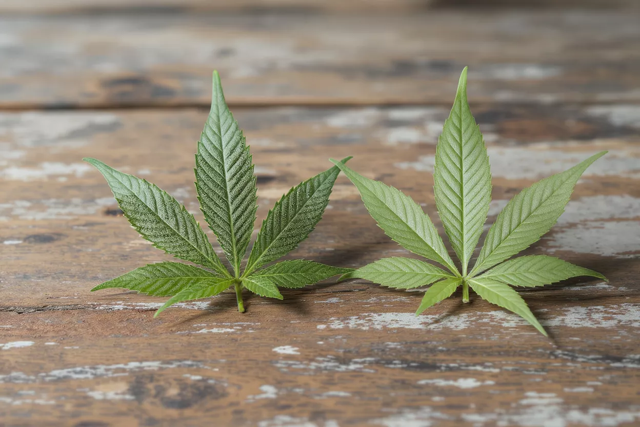 Two green cannabis leaves on a rustic wooden surface.