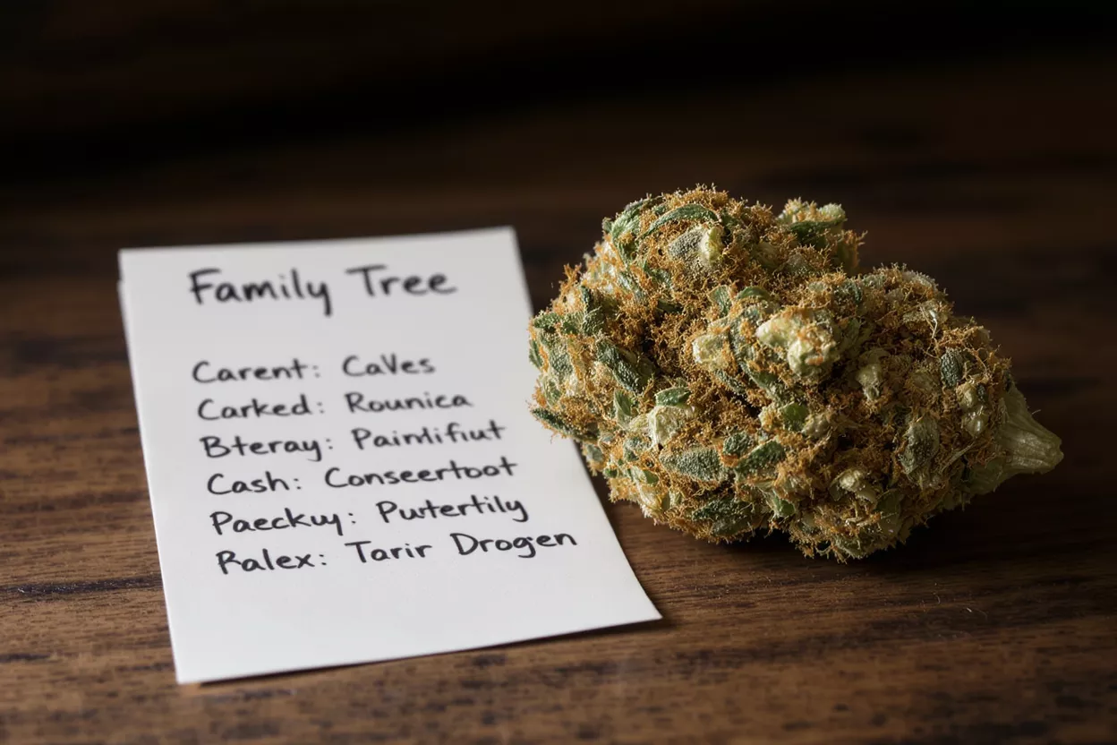 A cannabis bud next to a handwritten "Family Tree" note on a wooden surface.