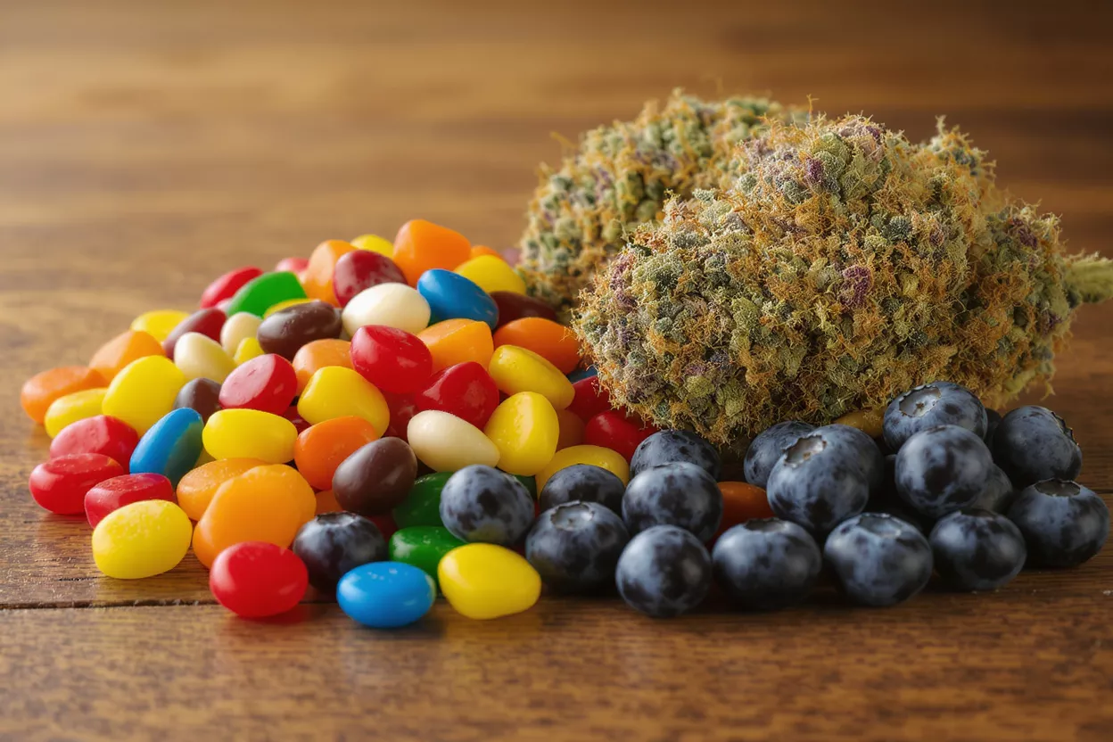 Colorful jelly beans, cannabis bud, and blueberries on a wooden surface.