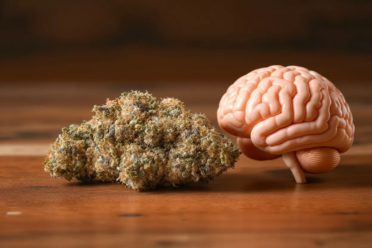 A cannabis bud next to a human brain model on a wooden surface.