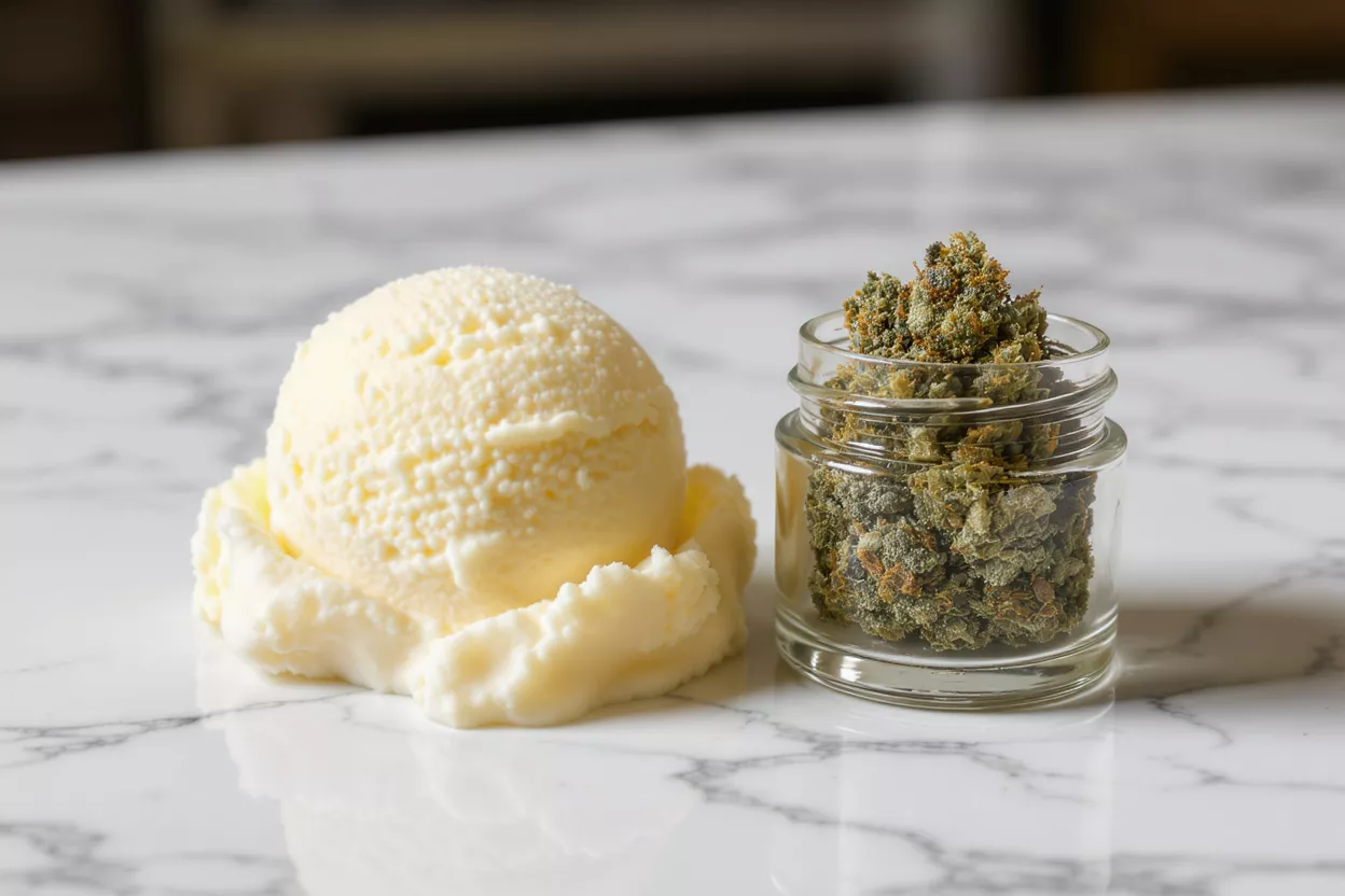 A scoop of vanilla ice cream next to a jar of cannabis buds on a marble surface.