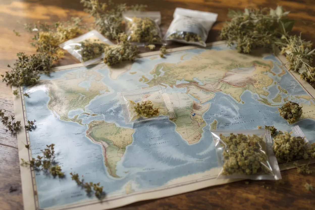 Dried cannabis buds and leaves scattered on a vintage world map.