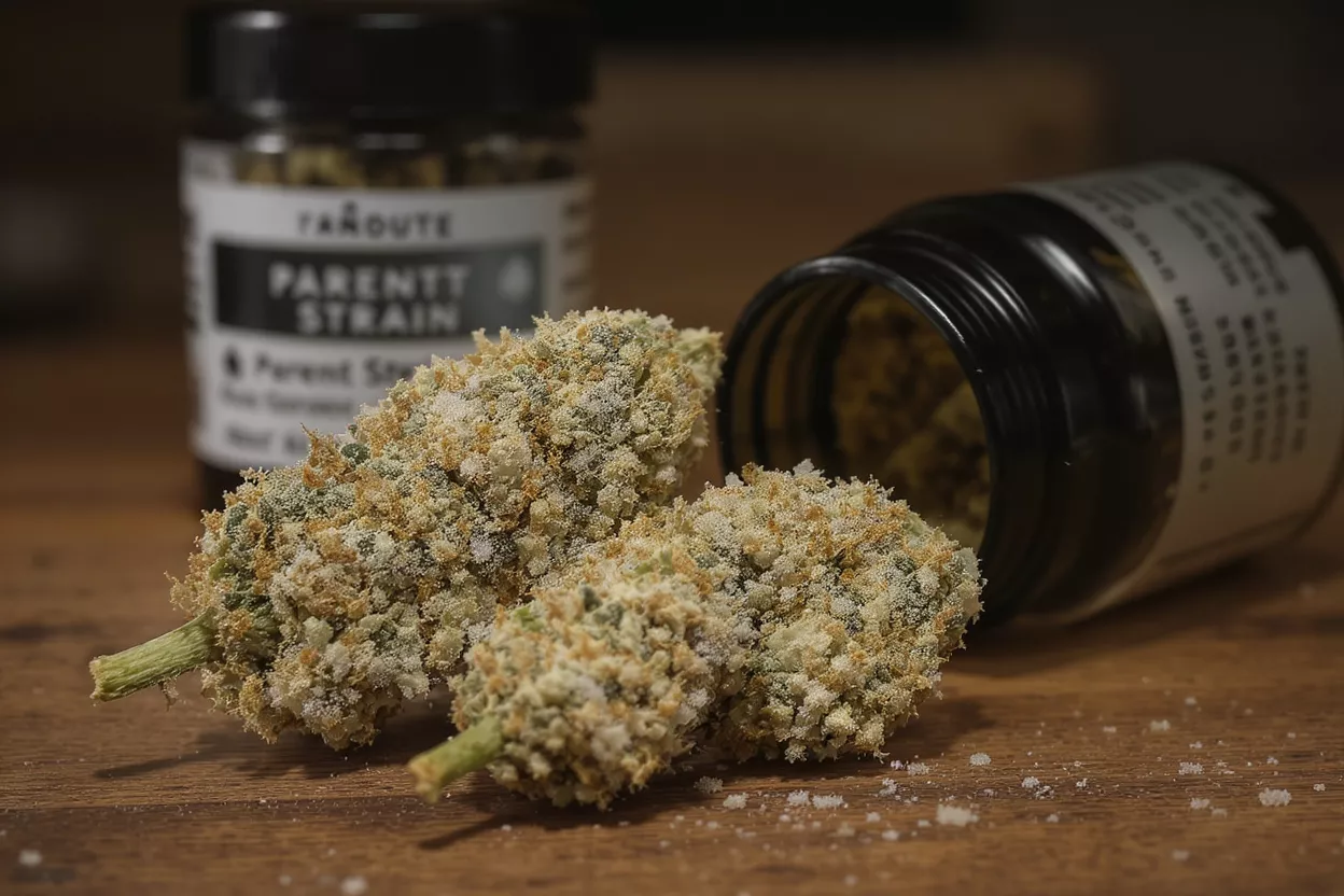 Two Parentt Strain cannabis buds coated in kief, with a jar in the background.