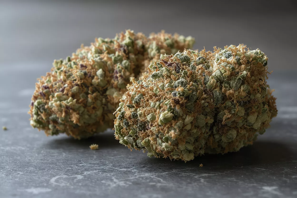 Two dense cannabis nugs covered in trichomes and orange hairs on a dark surface.