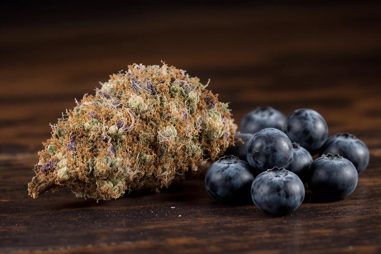 A close-up of a cannabis bud next to fresh blueberries on a wooden surface.