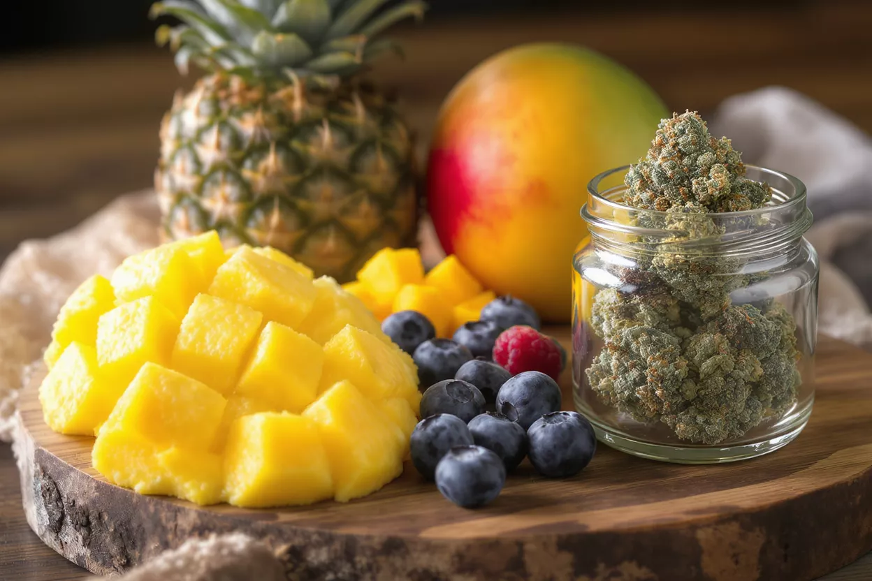 Cannabis buds in a jar with pineapple, mango, blueberries, and a raspberry on a wooden board.