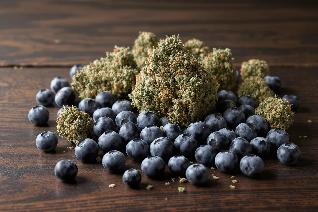 Close-up of cannabis buds and fresh blueberries scattered on a dark wooden surface.