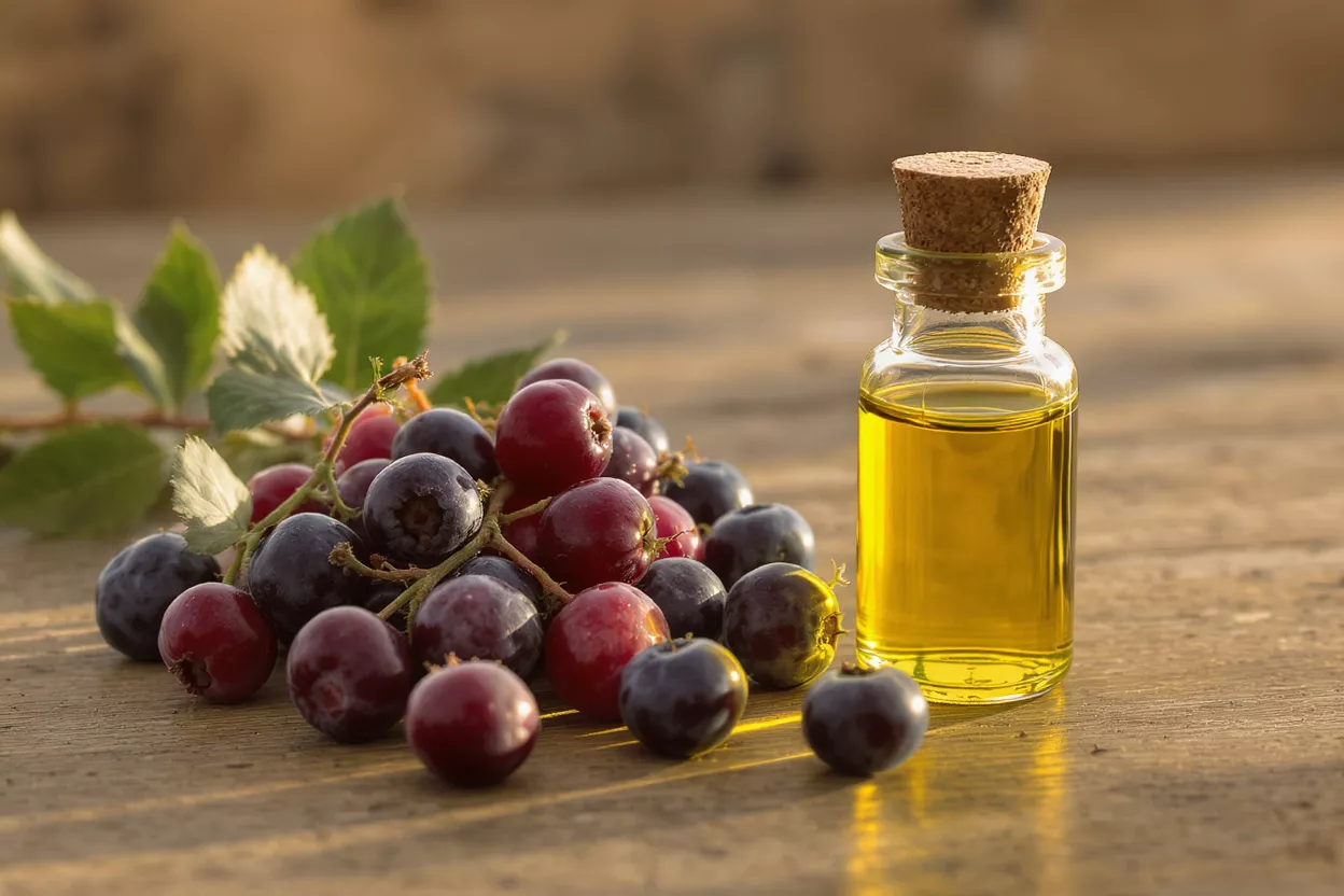 Small glass bottle of golden oil next to a pile of red and dark berries.