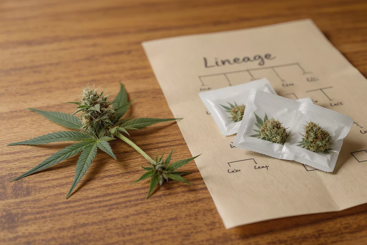 Cannabis bud, leaf, and packaged buds on a 'Lineage' diagram paper.