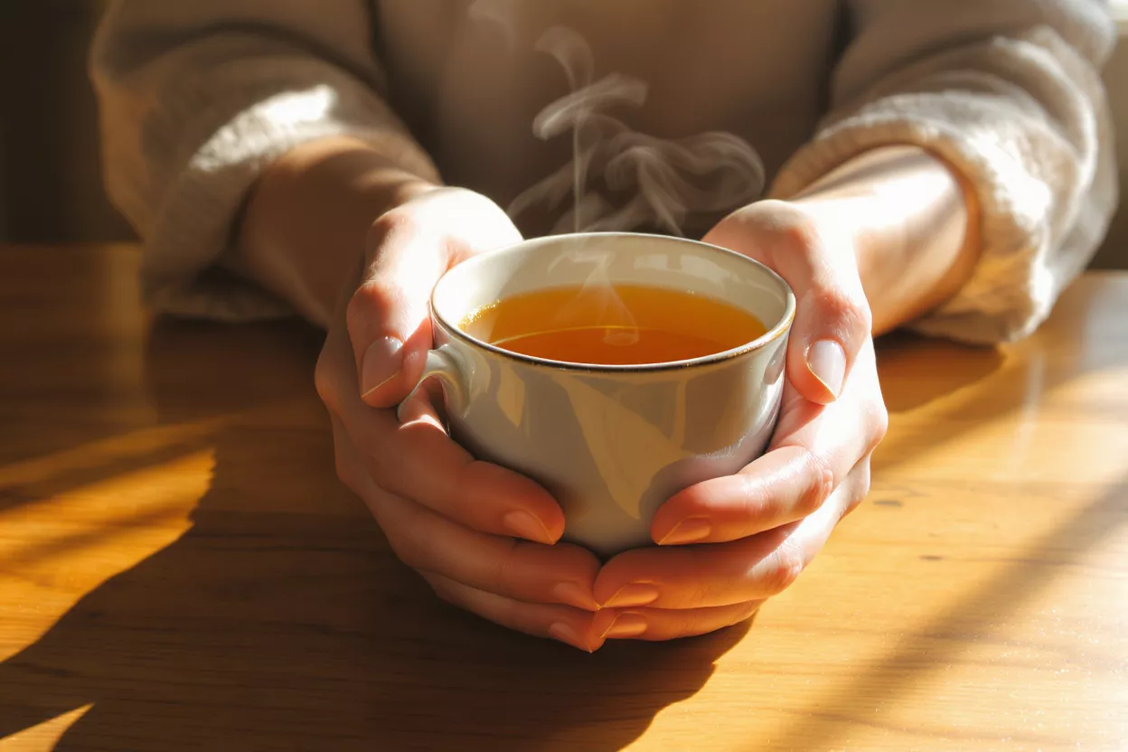 Primer plan de manos sosteniendo una taza blanca de té caliente humeante sobre una mesa de madera.