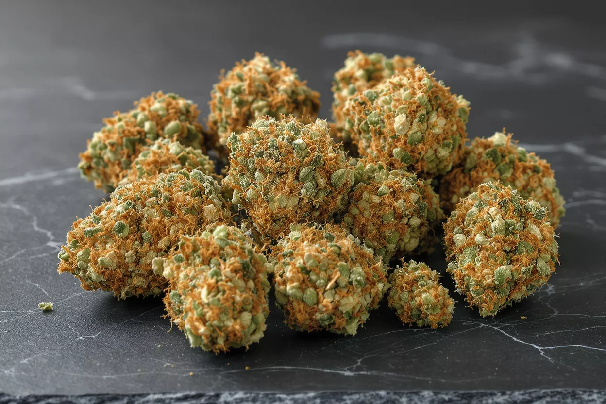 A pile of vibrant green and orange cannabis buds on a dark marble surface.