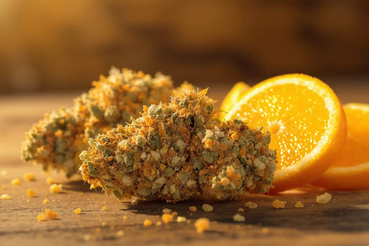 Close-up of cannabis buds with orange zest and orange slices on a wooden surface.
