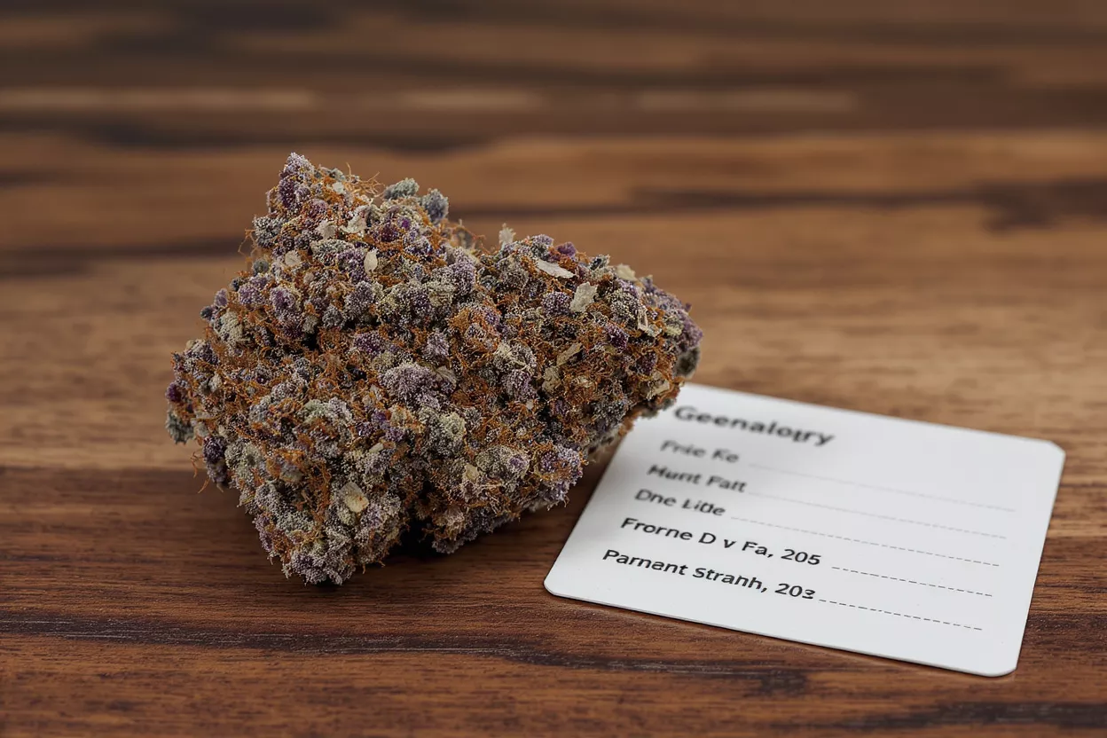 Close-up of a vibrant purple and orange cannabis bud next to a white product card.